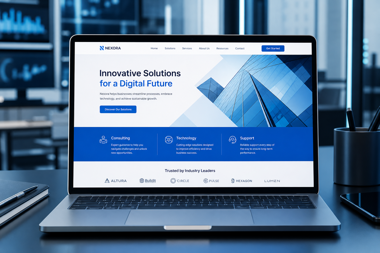 Modern professional business website displayed on a laptop screen