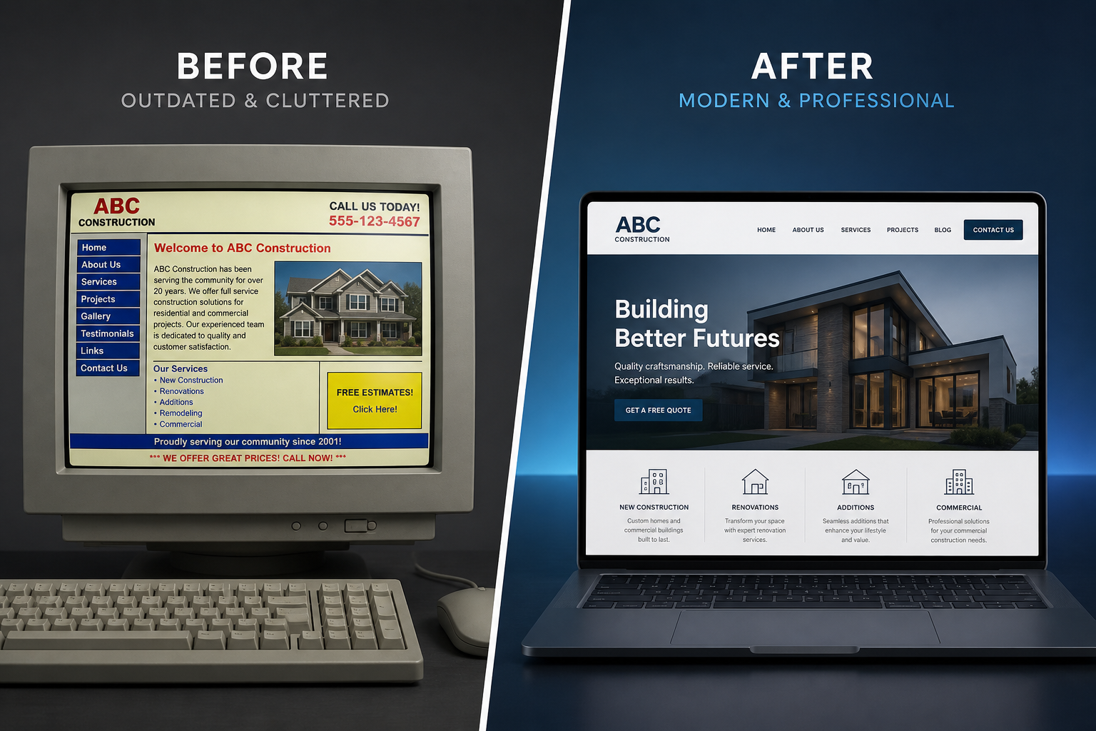 Comparison of outdated website versus modern professional website