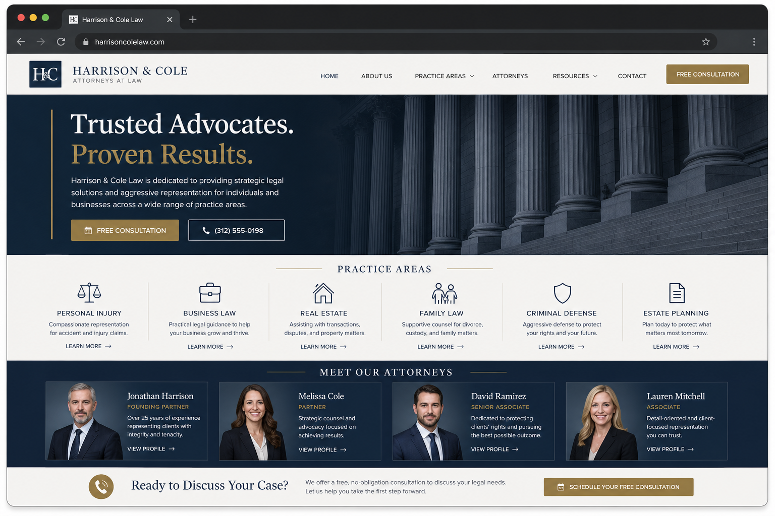 Law firm website mockup in browser with practice areas