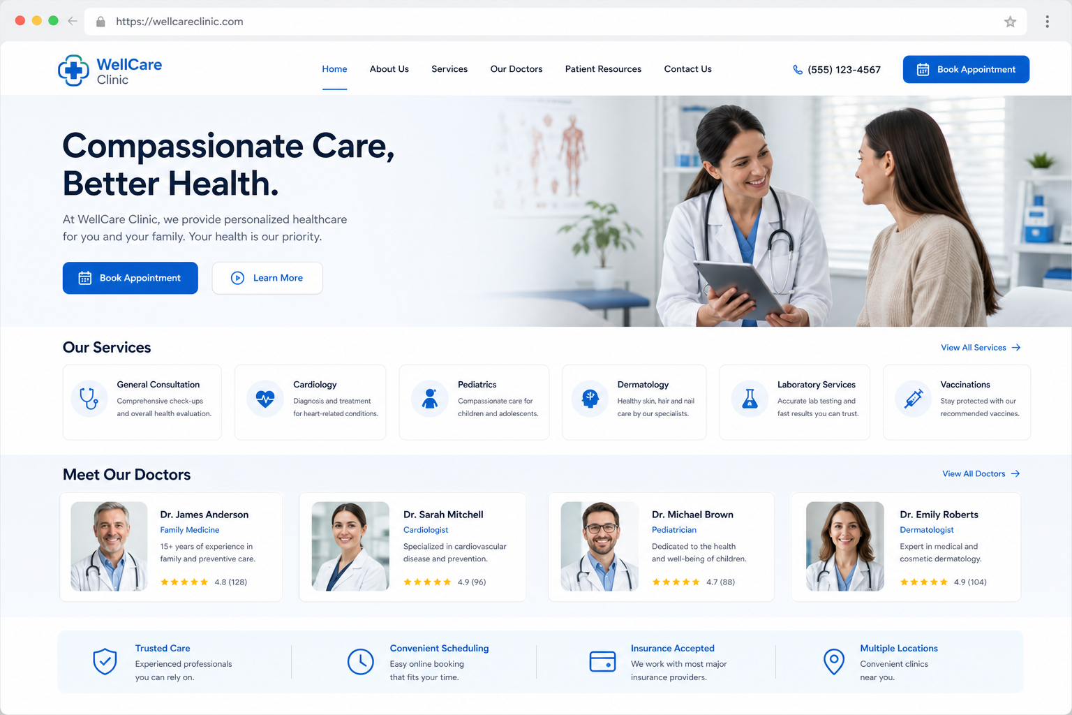 Medical clinic website mockup in browser with appointment booking