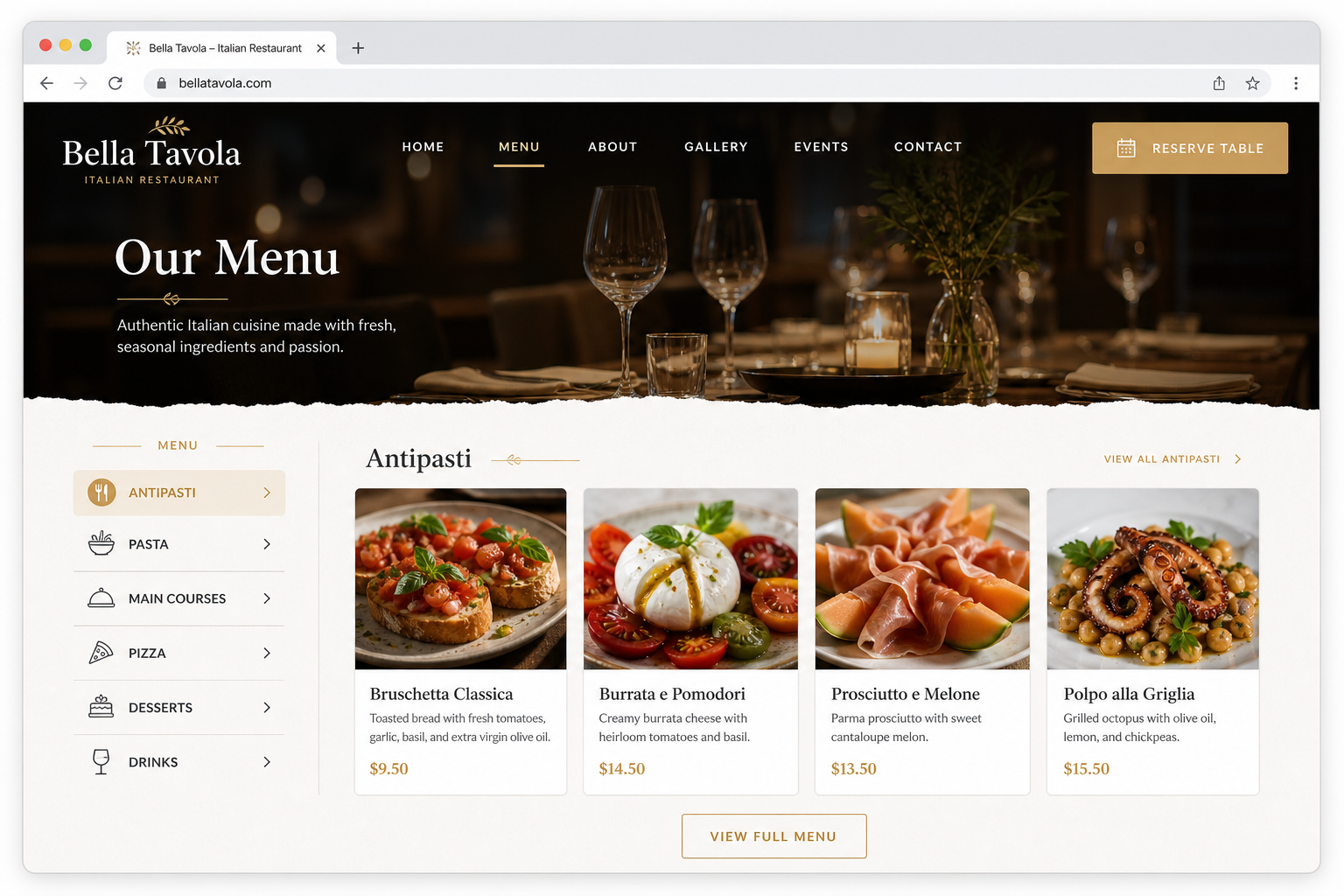 Restaurant website mockup in browser with menu and reservations