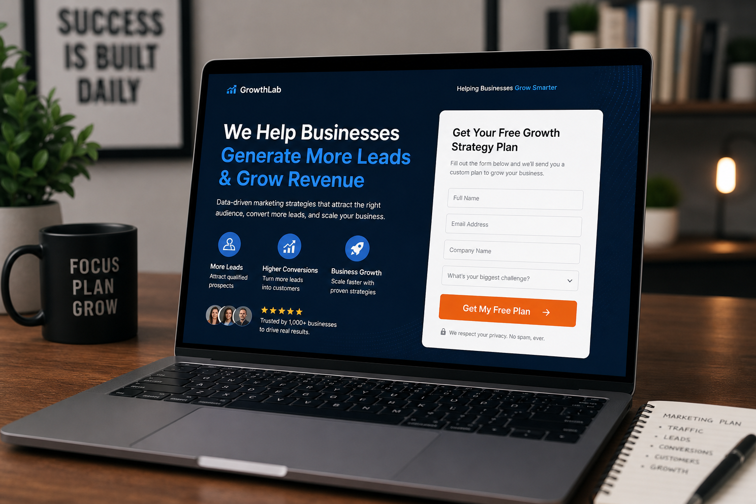 High-converting landing page on laptop for lead generation